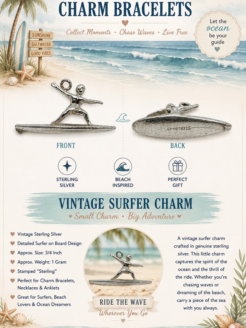 Vintage Sterling Silver Surfer Charm - Silver